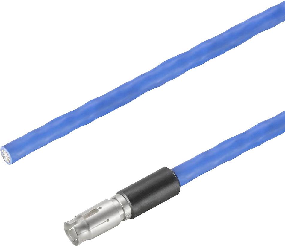 Blaues Kabel mit Metallanschluss, geeignet für technische Geräteverbindungen.