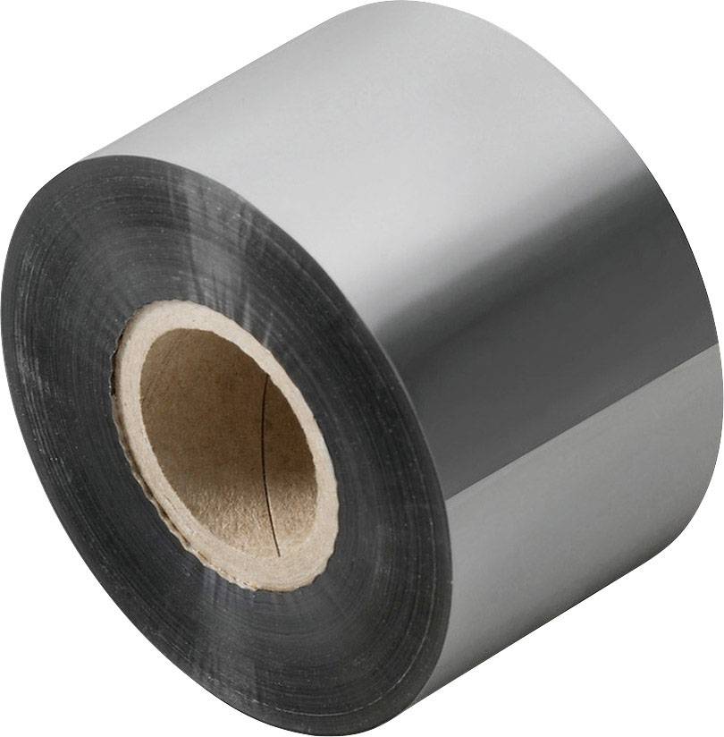 Rolle aus glänzendem, silbernem Metall mit schwarzem Kunststoffrand, verwendet für industrielle Zwecke oder Verpackung.