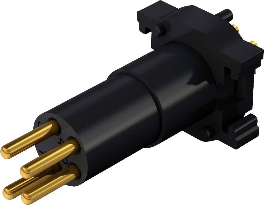 Schwarzer, zylindrischer elektrischer Steckverbinder mit vier goldenen Kontakten, geeignet für industrielle Anwendungen.