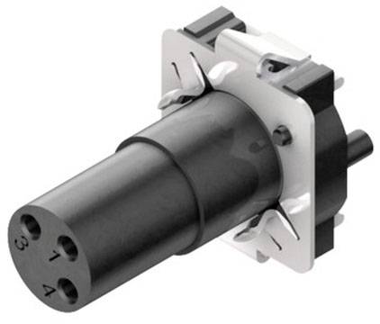 Stecker mit vier Steckplätzen und metallischer Halterung, verwendet für elektrische Verbindungen in technischen Anwendungen.