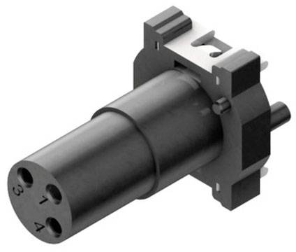 Ein schwarzer zylindrischer Stecker mit drei nummerierten Löchern und einem rechteckigen Montagerahmen, gesehen aus einem Winkel.