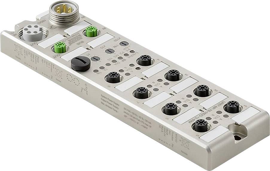 Ein rechteckiges elektronisches Gerät mit mehreren Anschlussbuchsen und grünen sowie schwarzen Details darauf.