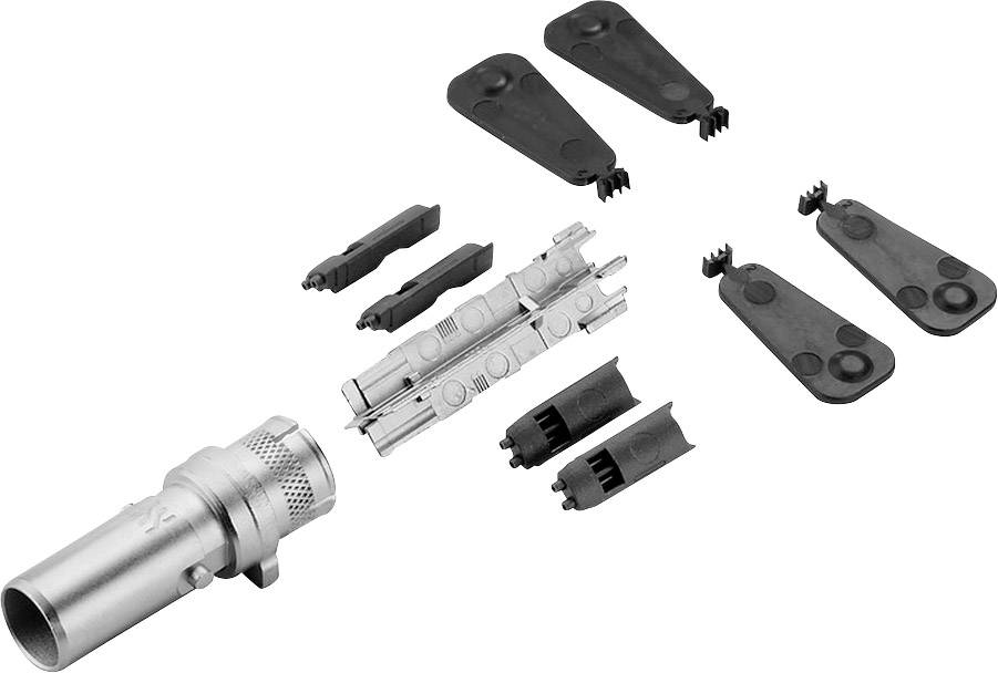 Montageset für einen Metallverbinder, bestehend aus einem silbernen Rohrstück und mehreren schwarzen Befestigungsteilen.