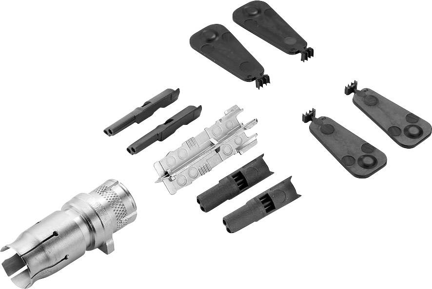 Verschiedene Werkzeugelemente zur Kabelkonfektionierung nebeneinander aufgereiht. Hauptwerkzeug links, mit diversen Aufsätzen rechts.