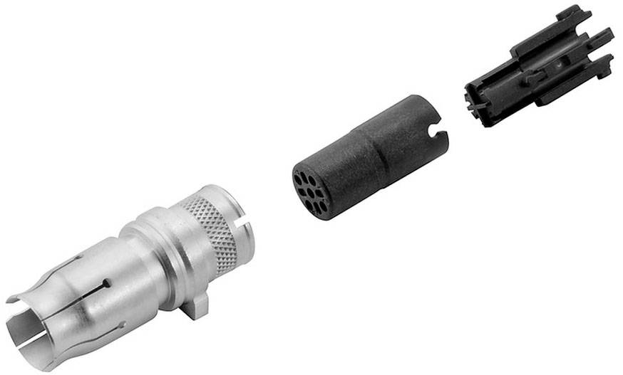 RF-Koaxial-Steckverbinder-Teile, metallische Buchse links, schwarze und graue Einsätze rechts, für Kabelverbindungen.