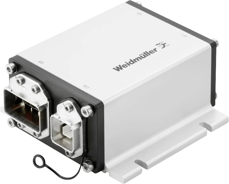 Industriegerät mit zwei großen Steckverbindern auf der Vorderseite, Aufschrift 'Weidmüller' auf weißem Gehäuse. Geeignet für industrielle Anwendungen.