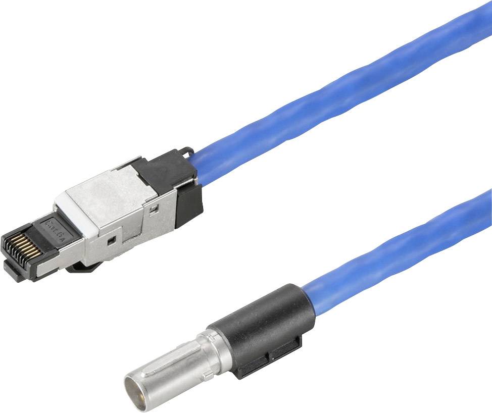Ein blaues Ethernet-Kabel mit einem RJ45-Stecker auf der einen Seite und einem runden Stecker auf der anderen Seite.