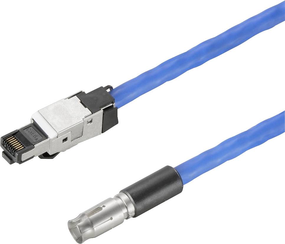 Ein blaues Kabel mit einem RJ45-Stecker auf der einen und einem runden Stecker auf der anderen Seite, geeignet für Netzwerkverbindungen.