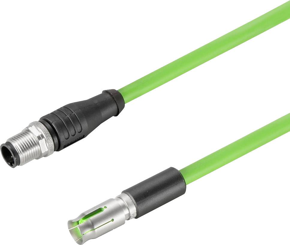 Ein grünes Ethernet-Kabel mit Metallsteckern an beiden Enden, geeignet für Industrieanwendungen und robuste Verbindungen.