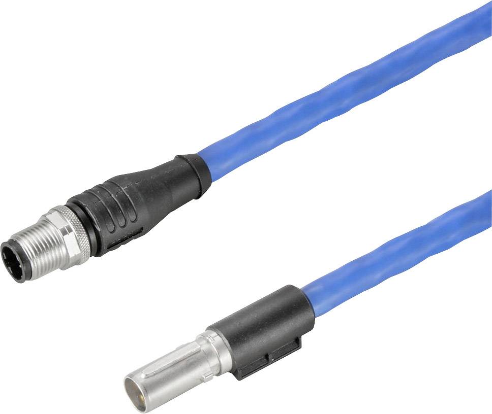 Ein blaues Kabel mit zwei unterschiedlichen Steckverbindern an den Enden, ein rundes schwarzes und ein längliches silbernes.