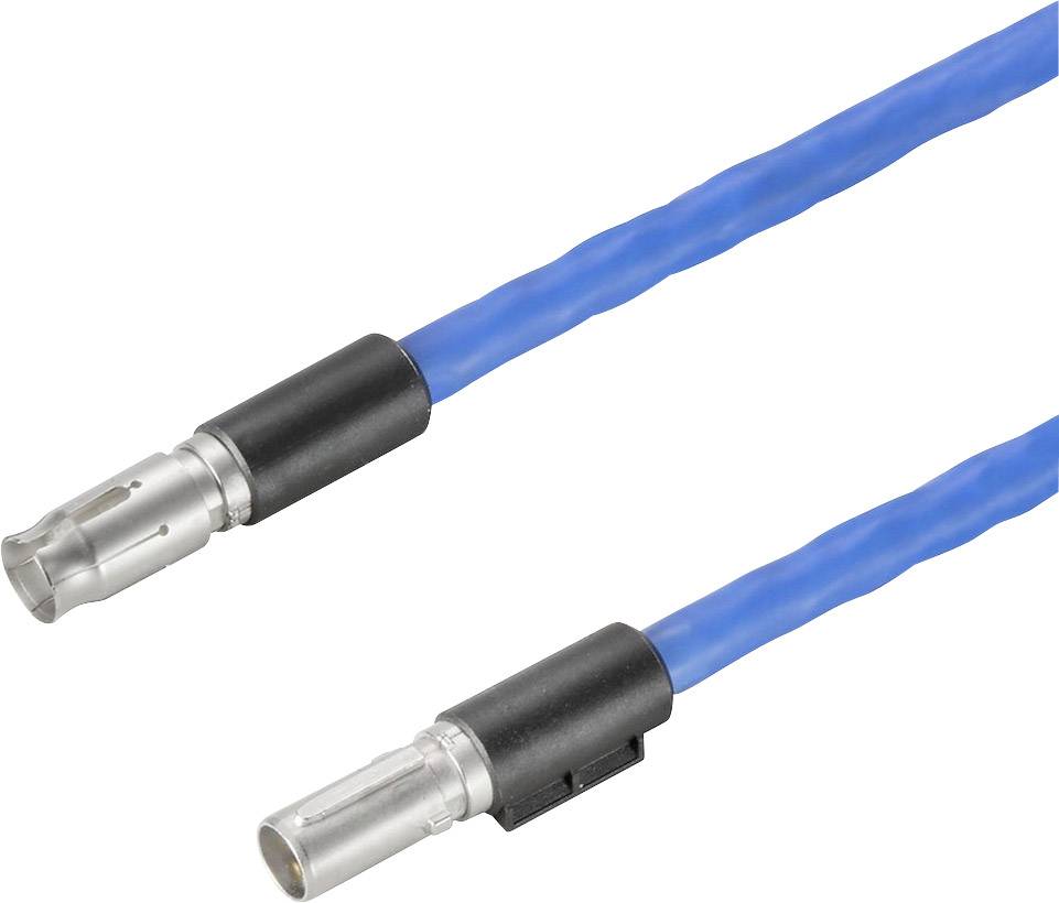 Ein blaues Kabel mit silbernen Steckern an beiden Enden, möglicherweise für spezielle elektronische Verbindungen verwendet.