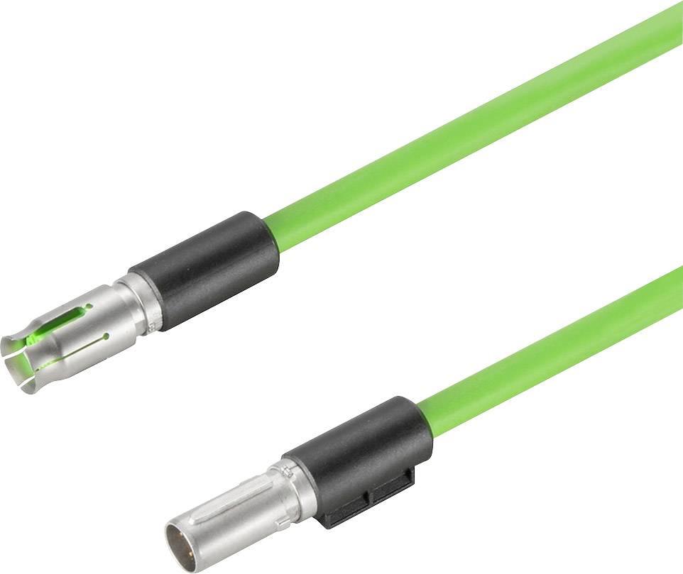 Ein grünes M12-Kabel mit Metallsteckverbindern an beiden Enden, typischerweise für industrielle Anwendungen verwendet.