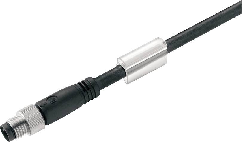 Ein schwarzes Kabel mit einem silbernen Metallstecker und einer zylindrischen Abschirmung in der Mitte.