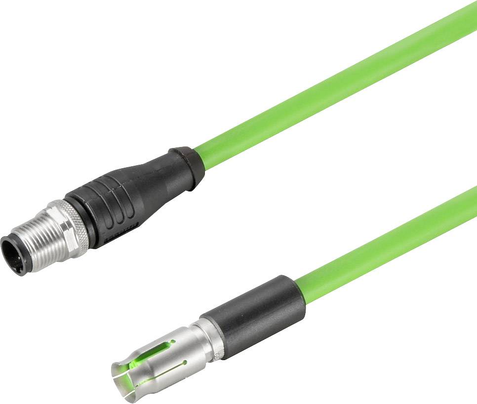 Grünes elektrisches Kabel mit Metallstecker an beiden Enden, geeignet für industrielle Anwendungen.