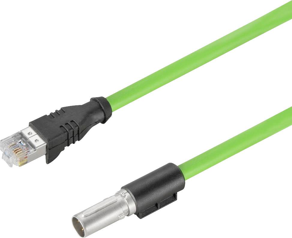 Ein grünes Ethernet-Kabel mit RJ45-Stecker auf der einen Seite und einem Rundstecker auf der anderen Seite.