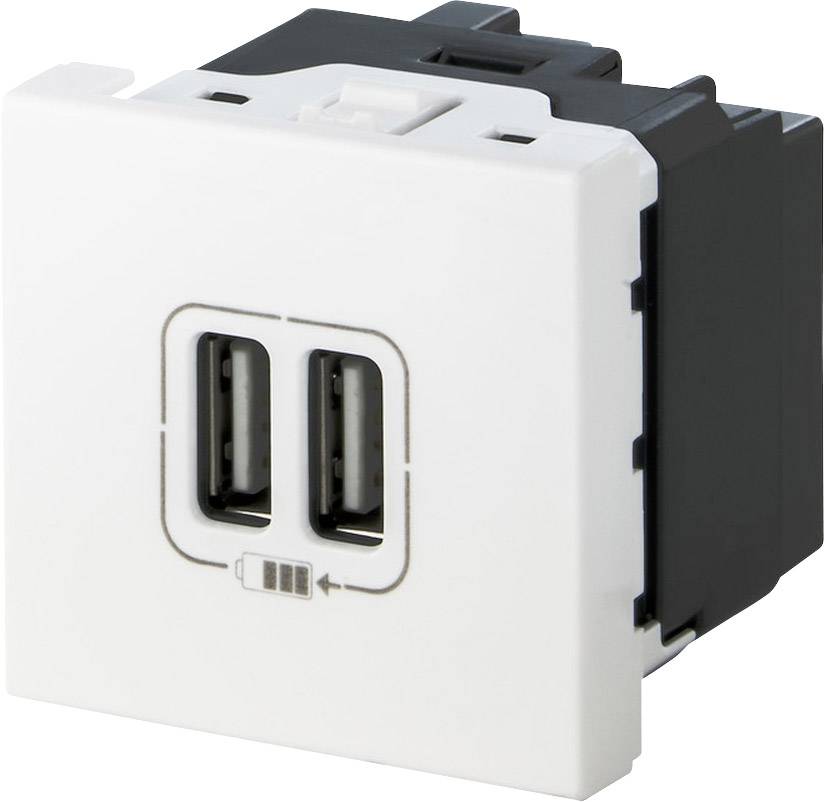 Zwei USB-A-Buchsen in einem weißen Steckmodul, geeignet zur Integration in ein Wandpanel für Elektrokabelmanagement.