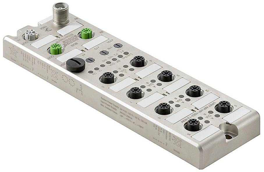 Ein industrielles IO-Link-Modul mit mehreren Ports und Steckverbindern zur Datenübertragung und Steuerung in Automatisierungssystemen.
