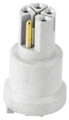 Ein weißer, zylindrischer Adapter mit mehreren Anschlüssen und einem goldenen mittigen Stift.