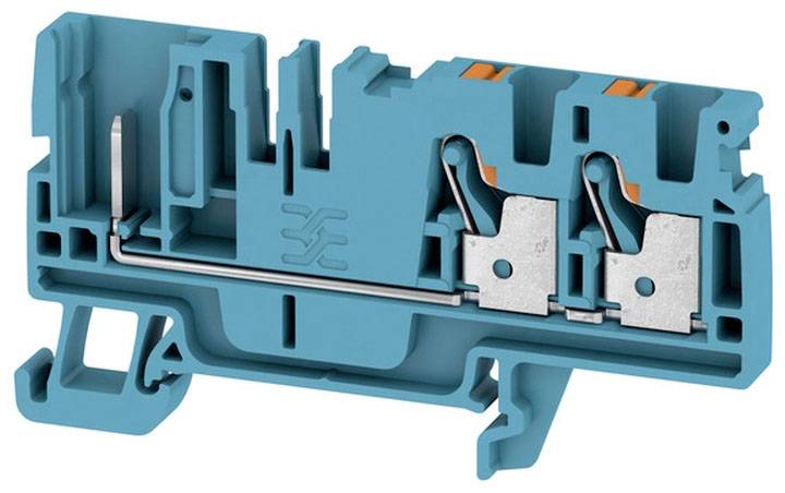 Ein blauer elektrischer Steckklemmenblock mit Metallkontakten und einem Anschlussbereich, verwendet zur Verbindung elektrischer Leitungen.