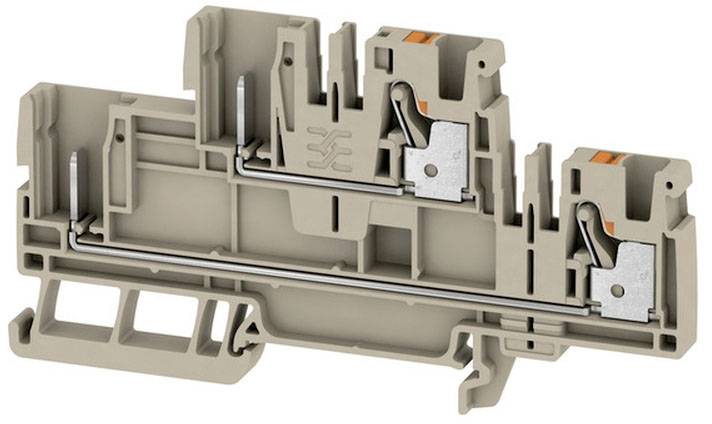 Klemme mit zwei Federmechanismen und Metallschienen, verwendet in elektrischen Installationen, zur sicheren Verbindung von Kabeln.