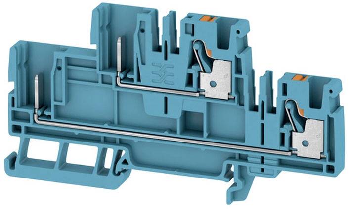 Blauer elektrischer Anschlussklemmenblock mit mehreren Polen und Schraubverbindungen, verwendet zur Verdrahtung in elektronischen Schaltkreisen.