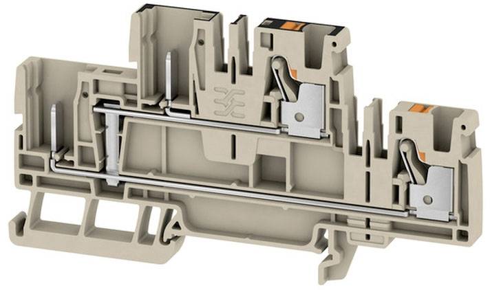 Graue elektrische Reihenklemme mit Hebelmechanismus und metallischen Kontakten, geeignet für die Montage auf DIN-Schienen in Schaltschränken.