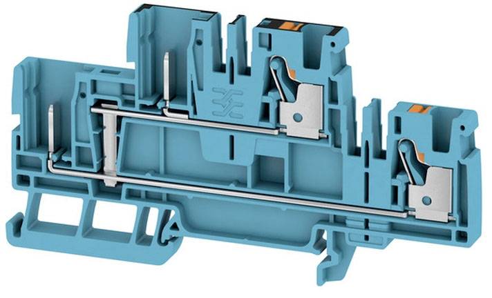 Blaues, rechteckiges elektrisches Verbindungselement mit metallischen Anschlüssen, oft in Schaltschrankanwendungen verwendet.