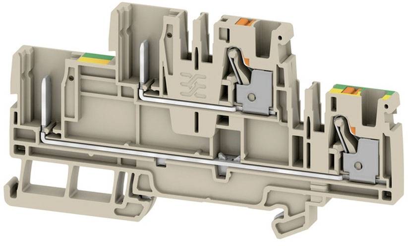 Eine graue Reihenklemme mit seitlichem Hebel und zweifarbiger Markierung oben. Geeignet für elektrische Verdrahtung.
