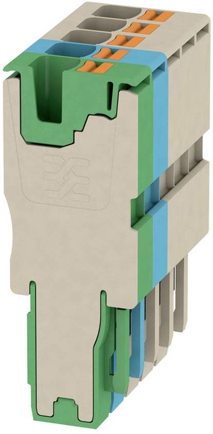 Mehrreihige Installationsklemme mit drei verschiedenen Anschlussmodulen in den Farben Grün, Blau und Orange für elektrische Verbindungen.