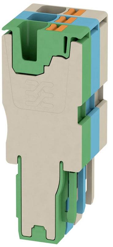 Reihenklemme mit grün-blauem Gehäuse. Sie enthält Steckanschlüsse und ist für elektrische Verbindungen in Schalttafeln geeignet.