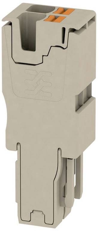 Ein grauer Steckverbinder mit orangefarbenen Clips, geeignet zur einfachen Verbindung von elektrischen Leitungen in Schaltschränken.