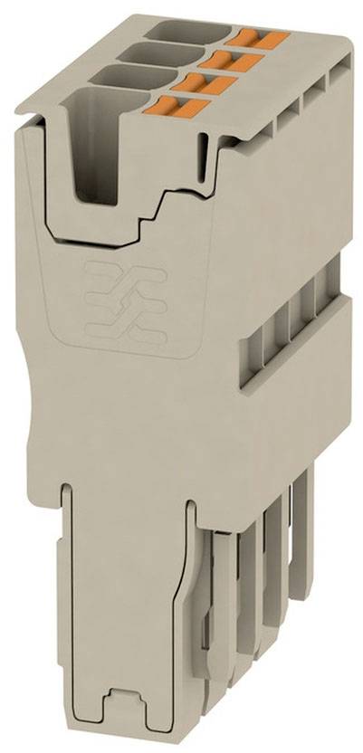 Ein beiger Steckverbinder mit mehreren Anschlüssen und orangen Klemmen, vermutlich für elektrische Verbindungen in einem technischen Gerät.