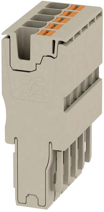 Ein beige-grauer elektrischer Steckverbinder mit mehreren Anschlüssen und orangefarbenen Details, vertikal ausgerichtet.