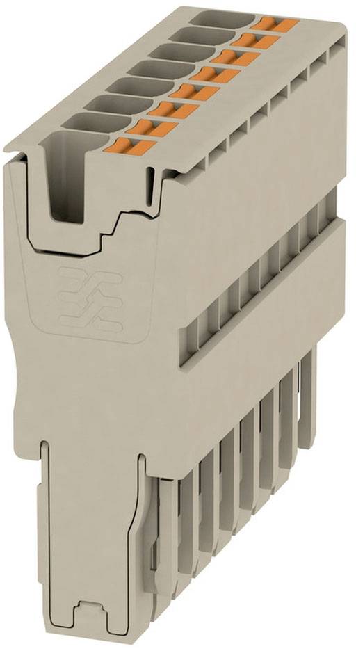 Klemmverbinder aus Kunststoff in beige mit zehn Anschlüssen und orangen Drückern.