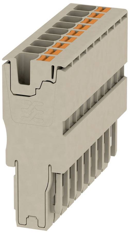 Beige Steckverbinder mit mehreren Anschlüssen und orangefarbenen Kontakten, vertikal ausgerichtet.