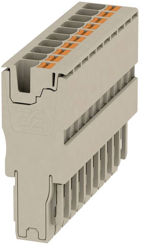Ein Steckverbinder mit mehreren Steckplätzen in Grautönen und orangen Markierungen, möglicherweise für elektronische Verbindungen.
