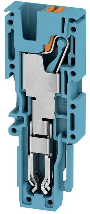 Ein Querschnitt eines blauen Anschlussklemmengehäuses mit freiliegendem Metallmechanismus und orangefarbenem Hebel im oberen Bereich.