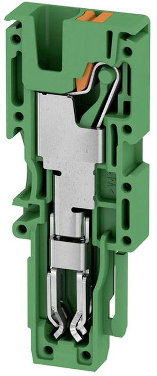 Grüner elektrischer Klemmenblock mit metallischen Kontakten, seitlicher Schnittansicht zeigt interne Aufbau und Federmechanismus.