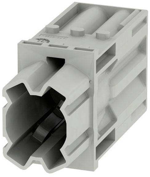 Graues Kunststoffteil mit sechseckigem Öffnungsprofil und Rasterstruktur für Steck- oder Verbindungselemente in technischen Anwendungen.