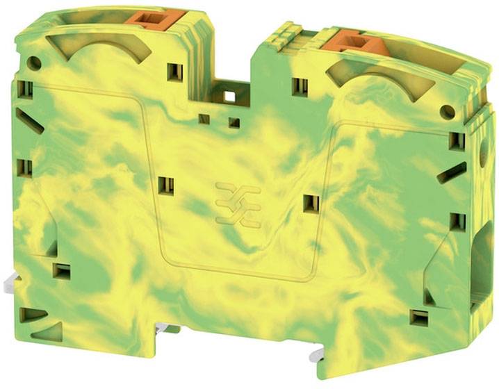 Grüngelbes Klemme-Modul mit symmetrischem Design, zentralem Logo und multifunktionalen Kabelanschlüssen oben und seitlich.