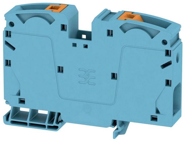 Ein blaues elektrisches Steckmodul mit orangefarbenen Anschlüssen, geeignet für die Befestigung auf DIN-Schienen in Schalttafeln.