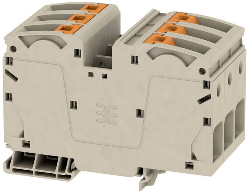Klemmblock mit mehreren Anschlüssen und orangenen Hebeln zum einfachen Verbinden von Drähten in elektrischen Installationen.