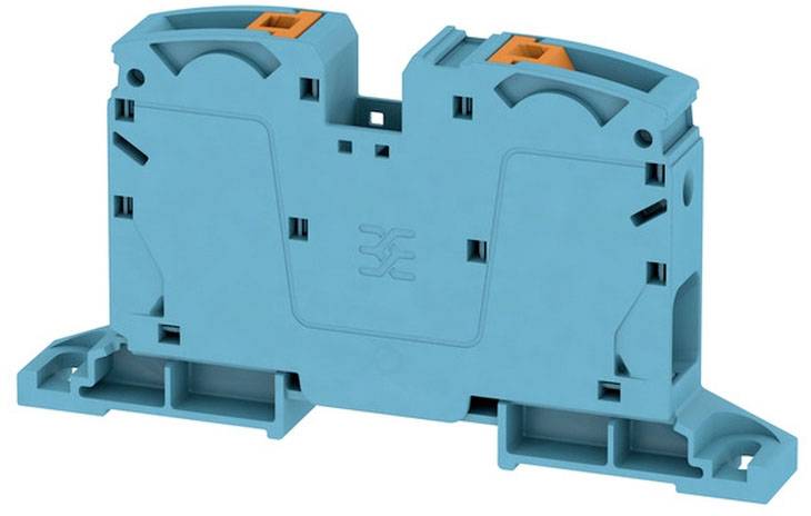 Ein blaues elektrisches Reihenklemmengehäuse mit orangenen Hebeln zur Verbindung von elektrischen Leitungen in einem Schaltschrank.