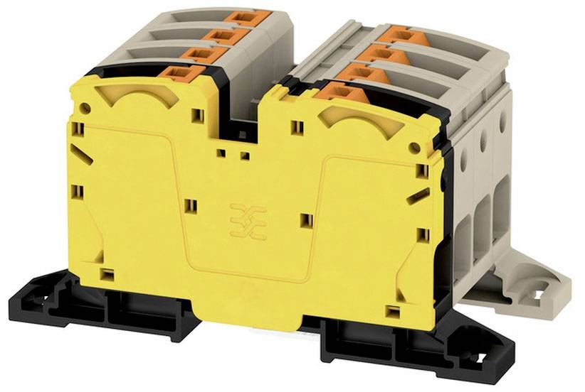 Elektrischer Steckverbinder in Gelb, Schwarz und Grau mit mehreren Eingängen, auf einer Montagehalterung fixiert.