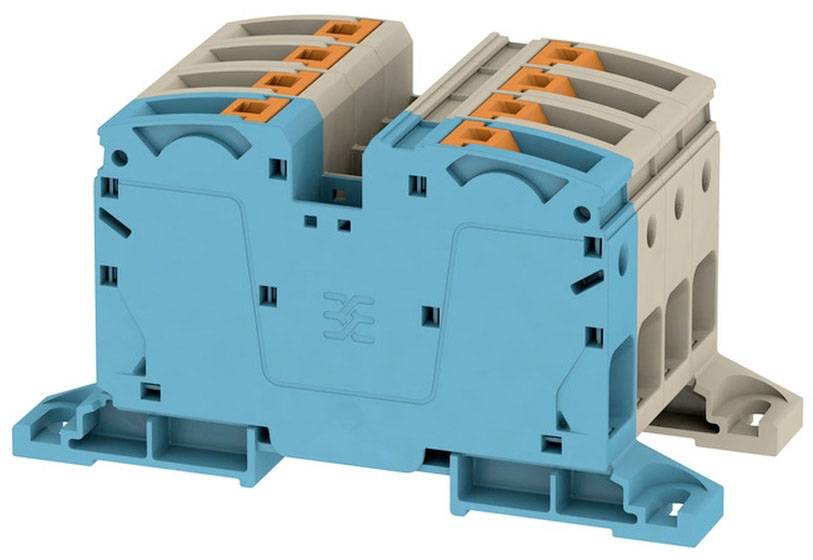 Elektrische Anschlussklemme, blau-orange, mit mehreren Anschlusspunkten, geeignet für industrielle Anwendungen und Schaltschrankbau.