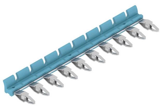 Ein blauer Kamm mit silbernen Haifischflossen.