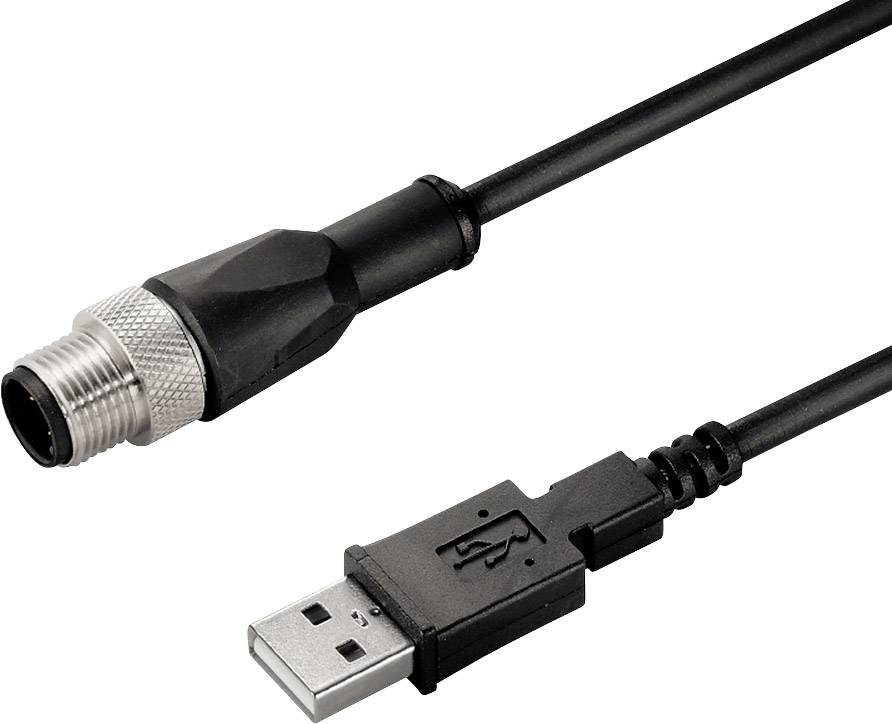 USB-Kabel mit einem Standard-USB-Anschluss und einem runden Stecker, typisch für industrielle oder spezielle technische Anwendungen.