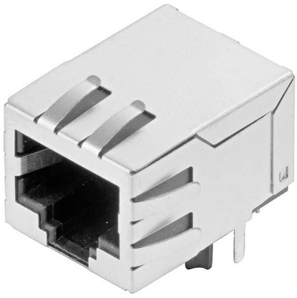 Rechteckiger Ethernet-Anschluss mit Metallgehäuse, zeigt Vorderseite mit Steckplatz für Netzwerkkabel und seitliche Halterungen.