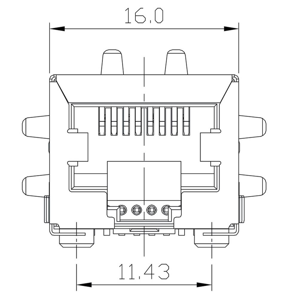 Technische Zeichnung eines elektrischen Steckverbinders mit Maßen 16,0 mm Breite und 11,43 mm Höhe. Oberflächenansicht.