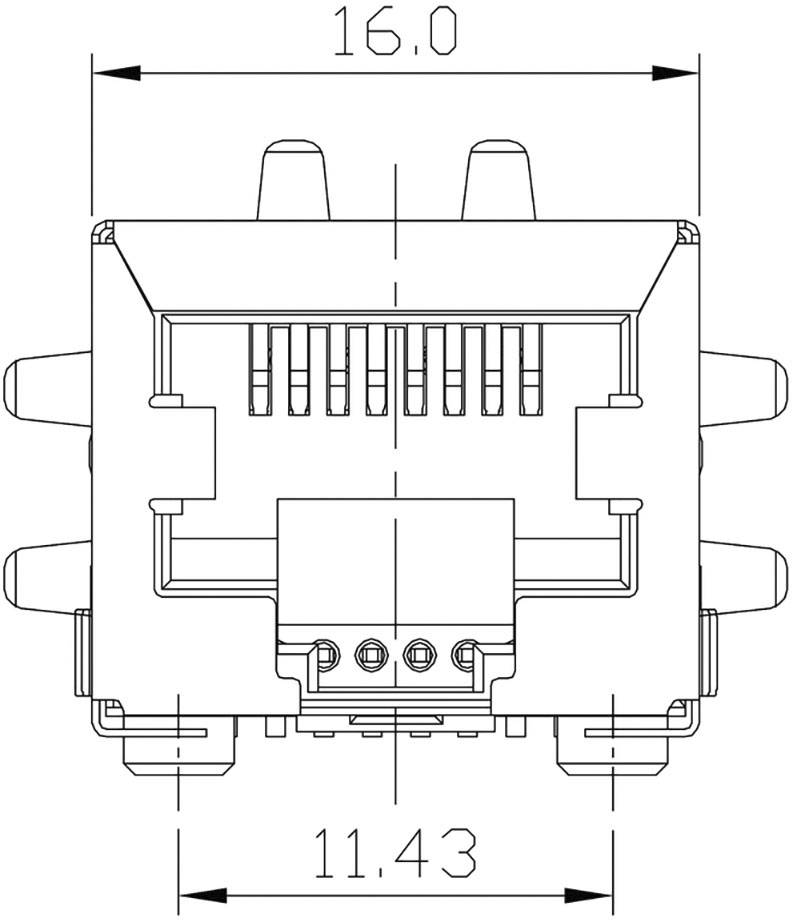 Technische Zeichnung eines Steckverbinders von oben mit Abmessungen: 16,0 mm Breite und 11,43 mm Tiefe. Linien und Pins sichtbar.